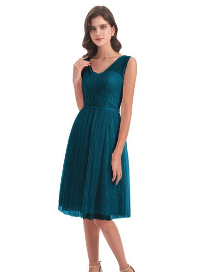 Savannah Knee Length V-neck Straps Tulle Bridesmaid Dresses