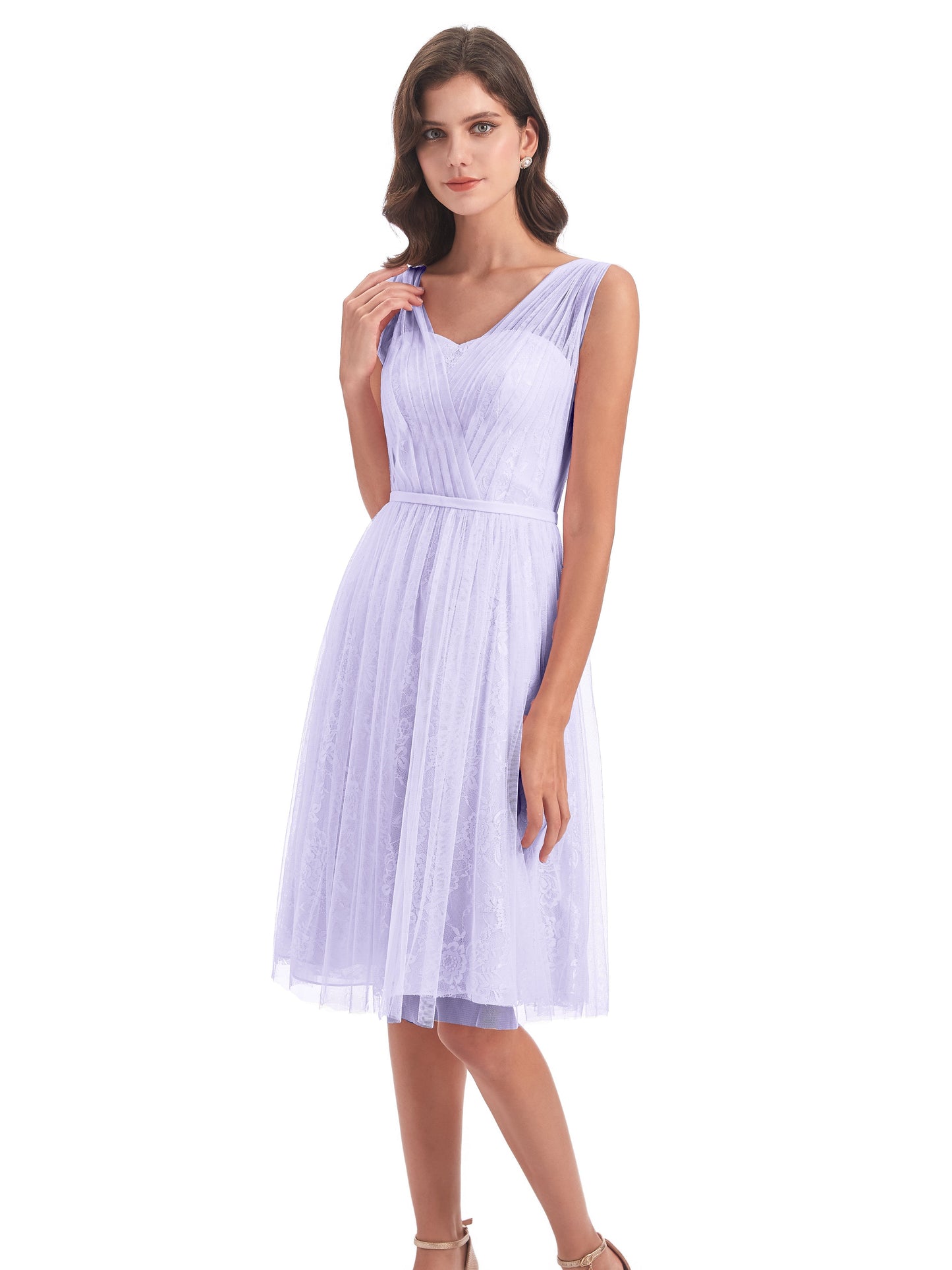 Savannah Knee Length V-neck Straps Tulle Bridesmaid Dresses