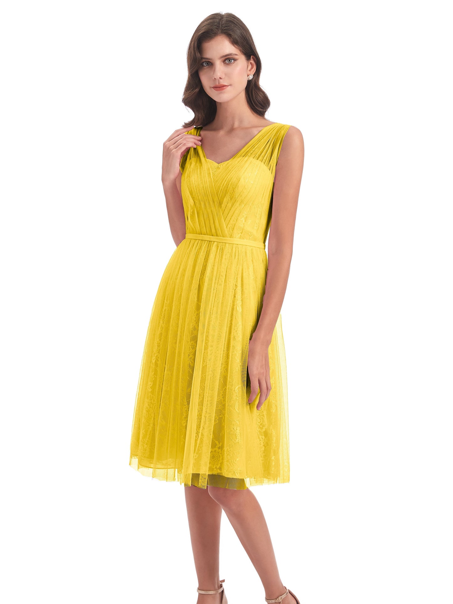 Savannah Knee Length V-neck Straps Tulle Bridesmaid Dresses