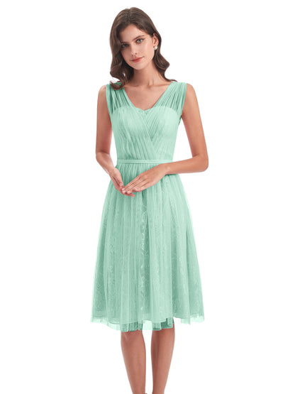Savannah Knee Length V-neck Straps Tulle Bridesmaid Dresses