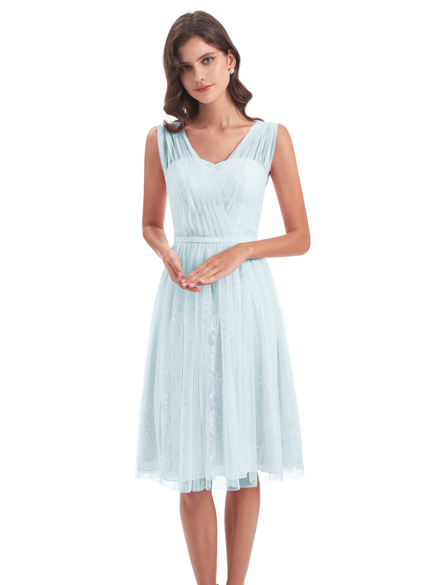 Savannah Knee Length V-neck Straps Tulle Bridesmaid Dresses