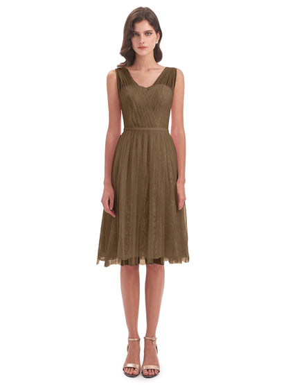 Savannah Knee Length V-neck Straps Tulle Bridesmaid Dresses