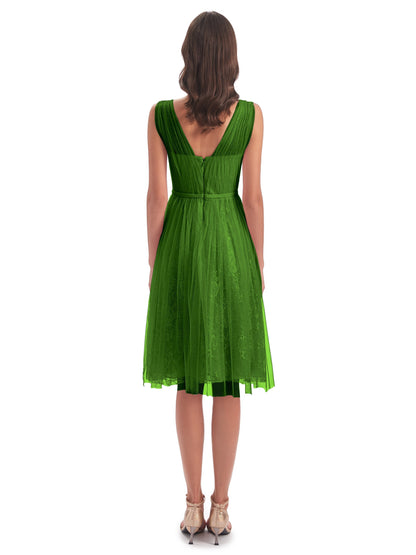 Savannah Knee Length V-neck Straps Tulle Bridesmaid Dresses