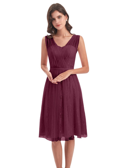 Savannah Knee Length V-neck Straps Tulle Bridesmaid Dresses