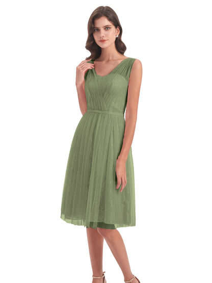 Savannah Knee Length V-neck Straps Tulle Bridesmaid Dresses