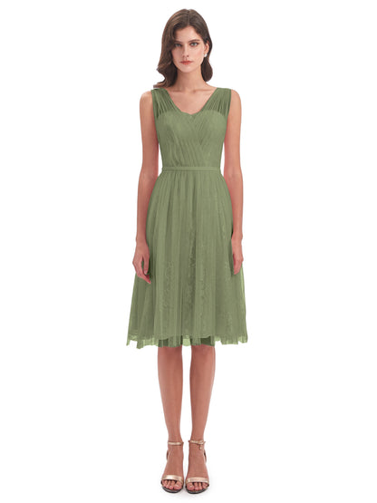 Savannah Knee Length V-neck Straps Tulle Bridesmaid Dresses