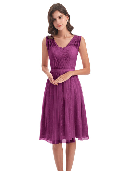Savannah Knee Length V-neck Straps Tulle Bridesmaid Dresses