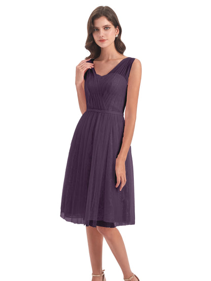 Savannah Knee Length V-neck Straps Tulle Bridesmaid Dresses