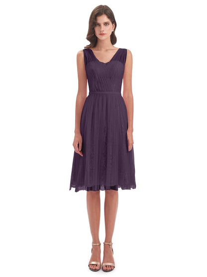 Savannah Knee Length V-neck Straps Tulle Bridesmaid Dresses