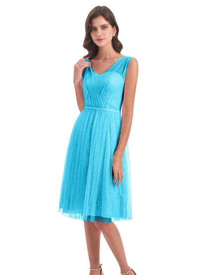 Savannah Knee Length V-neck Straps Tulle Bridesmaid Dresses