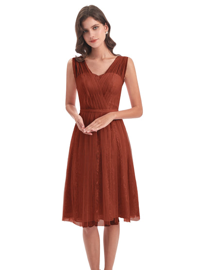Savannah Knee Length V-neck Straps Tulle Bridesmaid Dresses