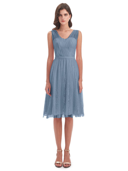 Savannah Knee Length V-neck Straps Tulle Bridesmaid Dresses