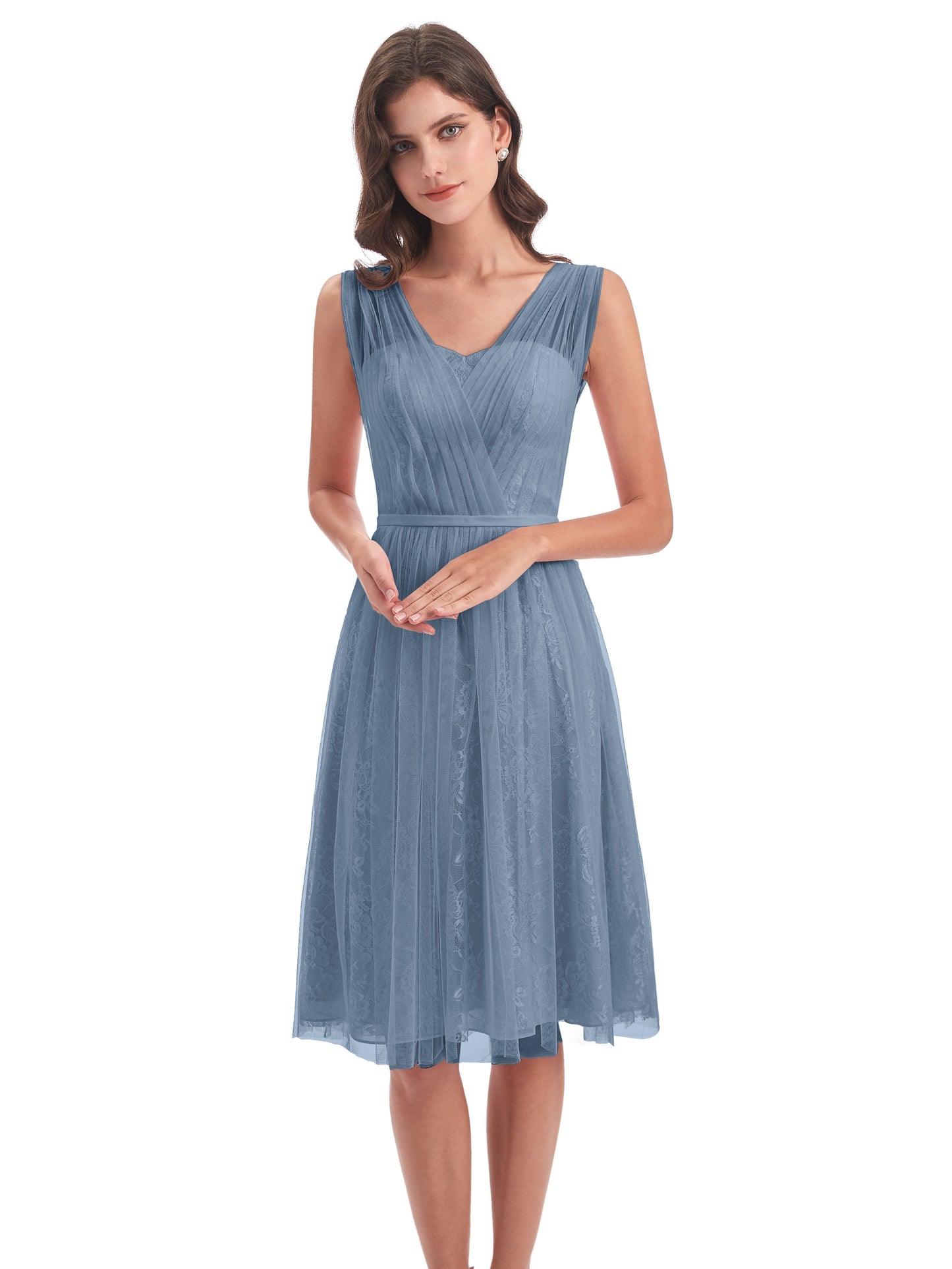 Savannah Knee Length V-neck Straps Tulle Bridesmaid Dresses