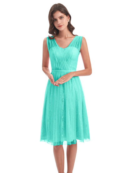 Savannah Knee Length V-neck Straps Tulle Bridesmaid Dresses