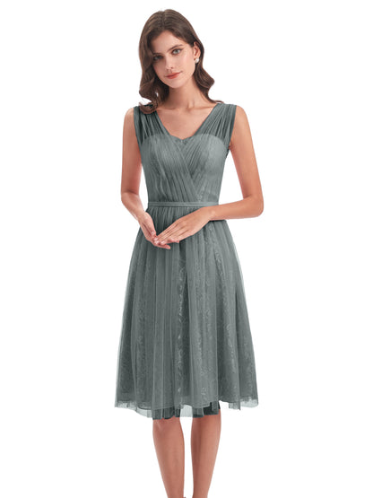 Savannah Knee Length V-neck Straps Tulle Bridesmaid Dresses