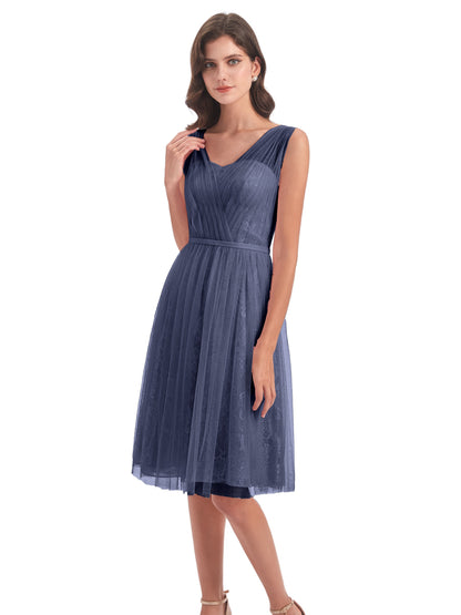 Savannah Knee Length V-neck Straps Tulle Bridesmaid Dresses