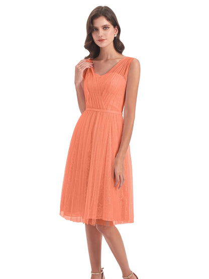 Savannah Knee Length V-neck Straps Tulle Bridesmaid Dresses