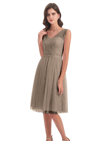 Savannah Knee Length V-neck Straps Tulle Bridesmaid Dresses