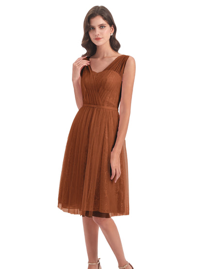 Savannah Knee Length V-neck Straps Tulle Bridesmaid Dresses