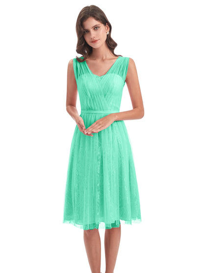 Savannah Knee Length V-neck Straps Tulle Bridesmaid Dresses