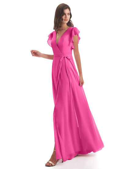Stella Sheath Floor Length V-Neck Chiffon Bridesmaid Dresses