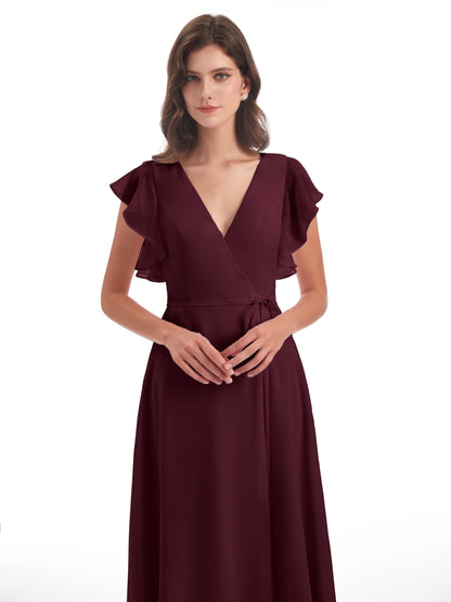 Stella Sheath Floor Length V-Neck Chiffon Bridesmaid Dresses