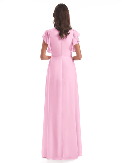 Stella Sheath Floor Length V-Neck Chiffon Bridesmaid Dresses