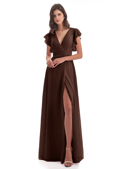 Stella Sheath Floor Length V-Neck Chiffon Bridesmaid Dresses