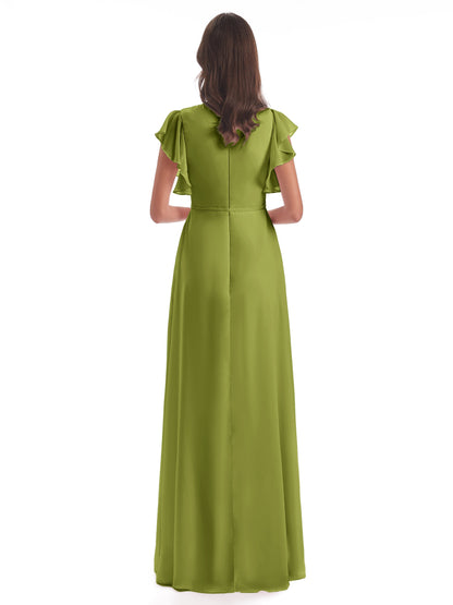 Stella Sheath Floor Length V-Neck Chiffon Bridesmaid Dresses