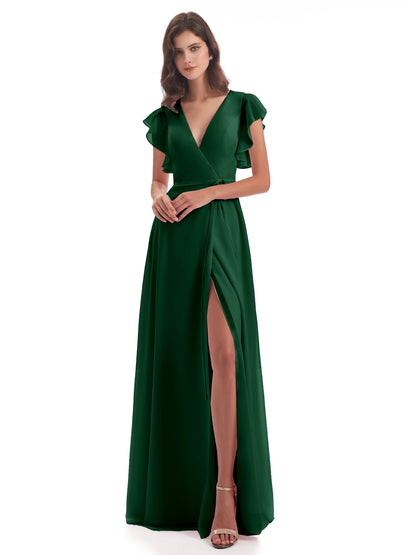 Stella Sheath Floor Length V-Neck Chiffon Bridesmaid Dresses