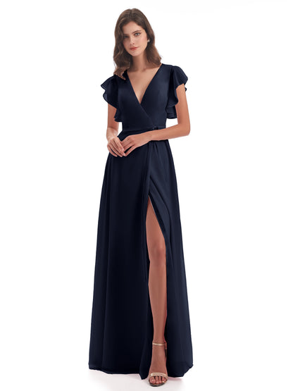 Stella Sheath Floor Length V-Neck Chiffon Bridesmaid Dresses