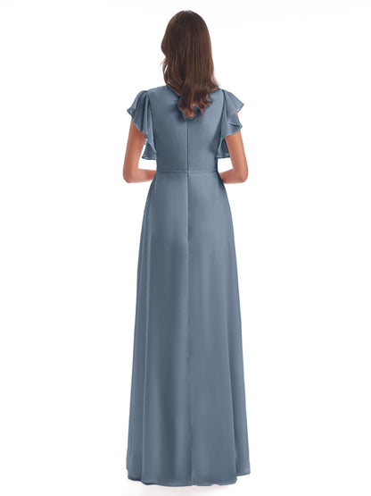 Stella Sheath Floor Length V-Neck Chiffon Bridesmaid Dresses