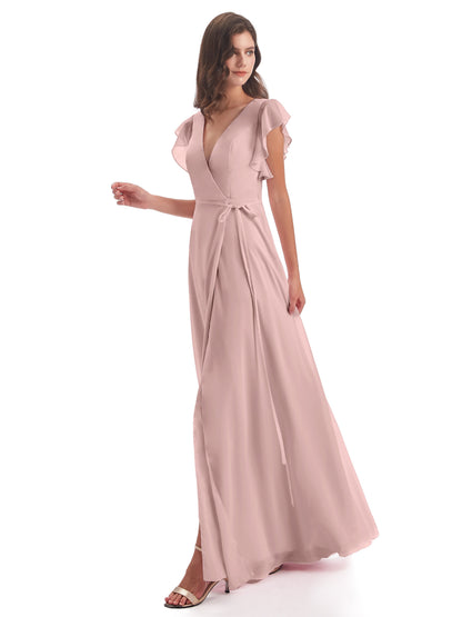 Stella Sheath Floor Length V-Neck Chiffon Bridesmaid Dresses