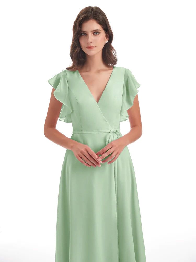 Stella Sheath Floor Length V-Neck Chiffon Bridesmaid Dresses