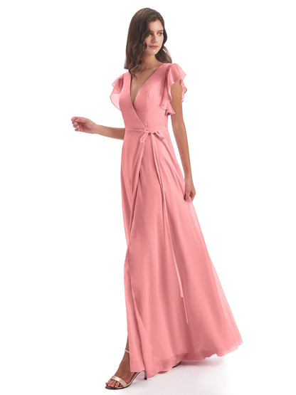 Stella Sheath Floor Length V-Neck Chiffon Bridesmaid Dresses