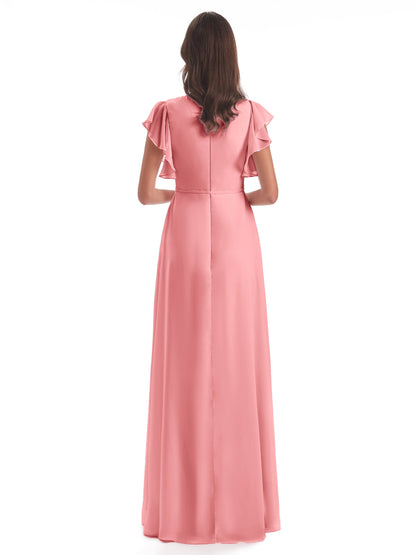 Stella Sheath Floor Length V-Neck Chiffon Bridesmaid Dresses
