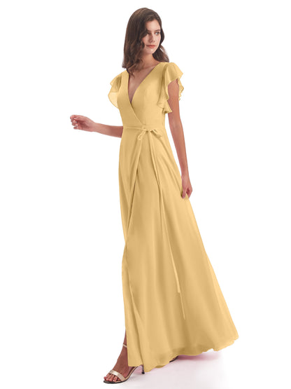 Stella Sheath Floor Length V-Neck Chiffon Bridesmaid Dresses