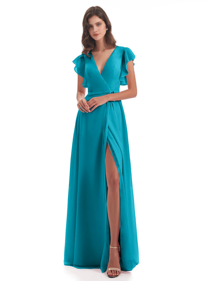 Stella Sheath Floor Length V-Neck Chiffon Bridesmaid Dresses