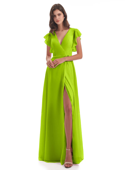 Stella Sheath Floor Length V-Neck Chiffon Bridesmaid Dresses