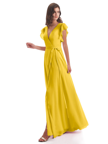 Stella Sheath Floor Length V-Neck Chiffon Bridesmaid Dresses