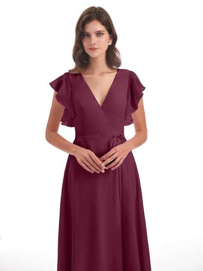 Stella Sheath Floor Length V-Neck Chiffon Bridesmaid Dresses