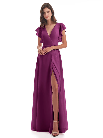 Stella Sheath Floor Length V-Neck Chiffon Bridesmaid Dresses
