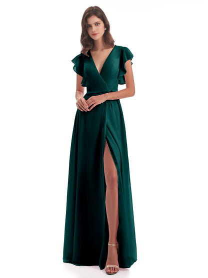 Stella Sheath Floor Length V-Neck Chiffon Bridesmaid Dresses