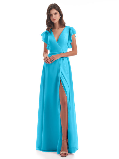 Stella Sheath Floor Length V-Neck Chiffon Bridesmaid Dresses