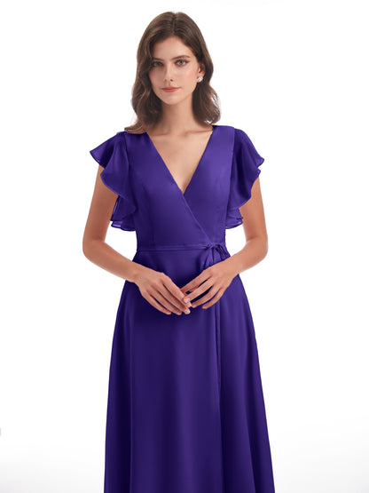 Stella Sheath Floor Length V-Neck Chiffon Bridesmaid Dresses