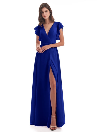 Stella Sheath Floor Length V-Neck Chiffon Bridesmaid Dresses