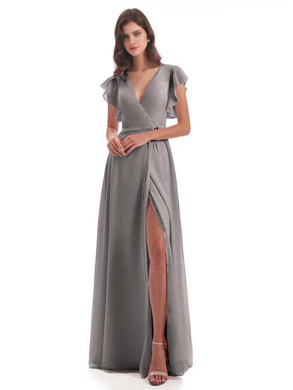 Stella Sheath Floor Length V-Neck Chiffon Bridesmaid Dresses