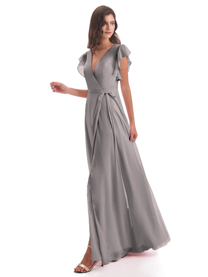 Stella Sheath Floor Length V-Neck Chiffon Bridesmaid Dresses
