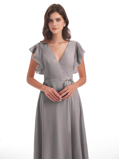 Stella Sheath Floor Length V-Neck Chiffon Bridesmaid Dresses
