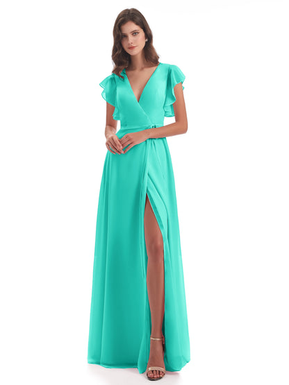 Stella Sheath Floor Length V-Neck Chiffon Bridesmaid Dresses
